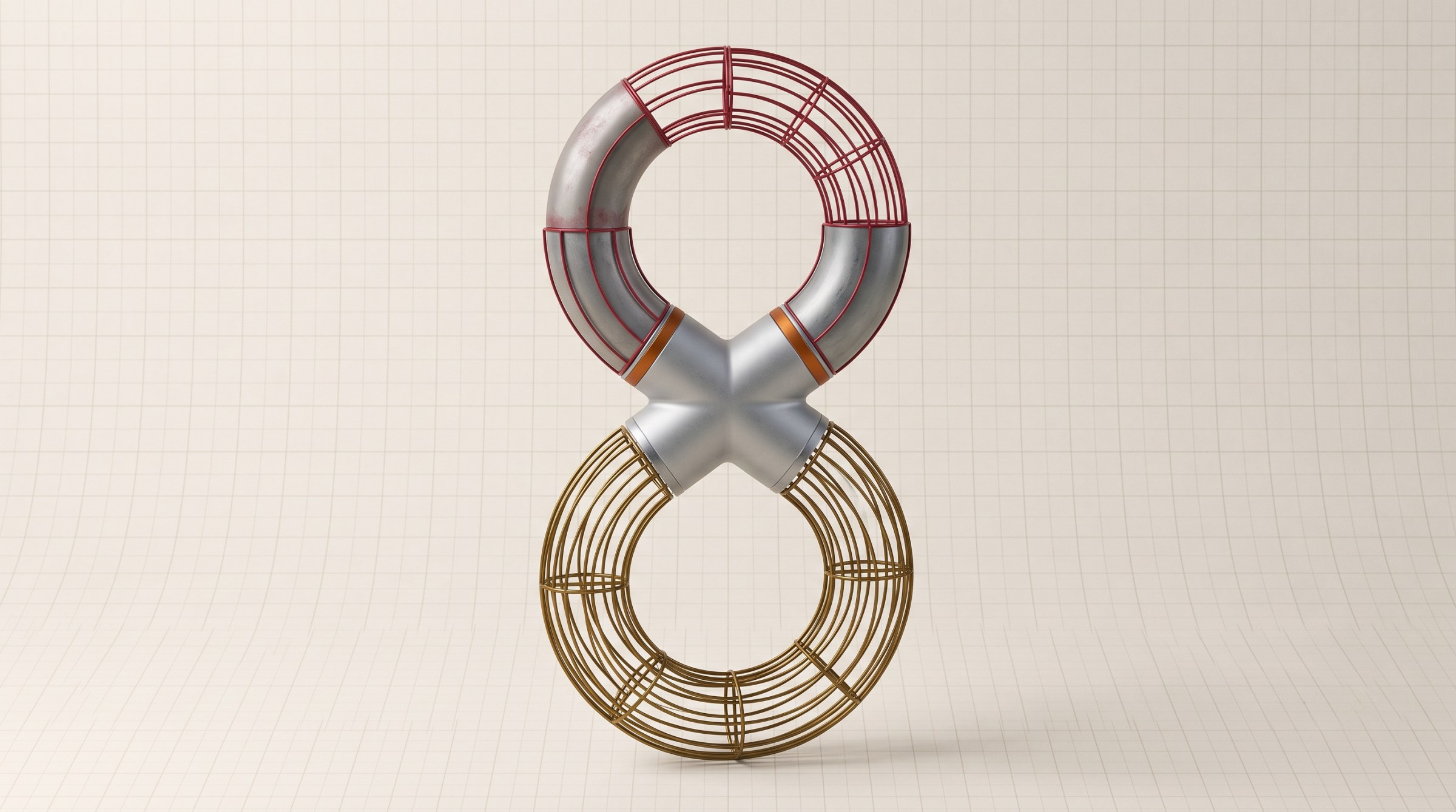 Illustration: a machined figure-eight loop standing on vellum drafting paper, eight parts in three brands: the upper loop in brushed aluminium with burnt-orange bands at the joints, the lower loop as three brass wire arcs, the crossing in crimson