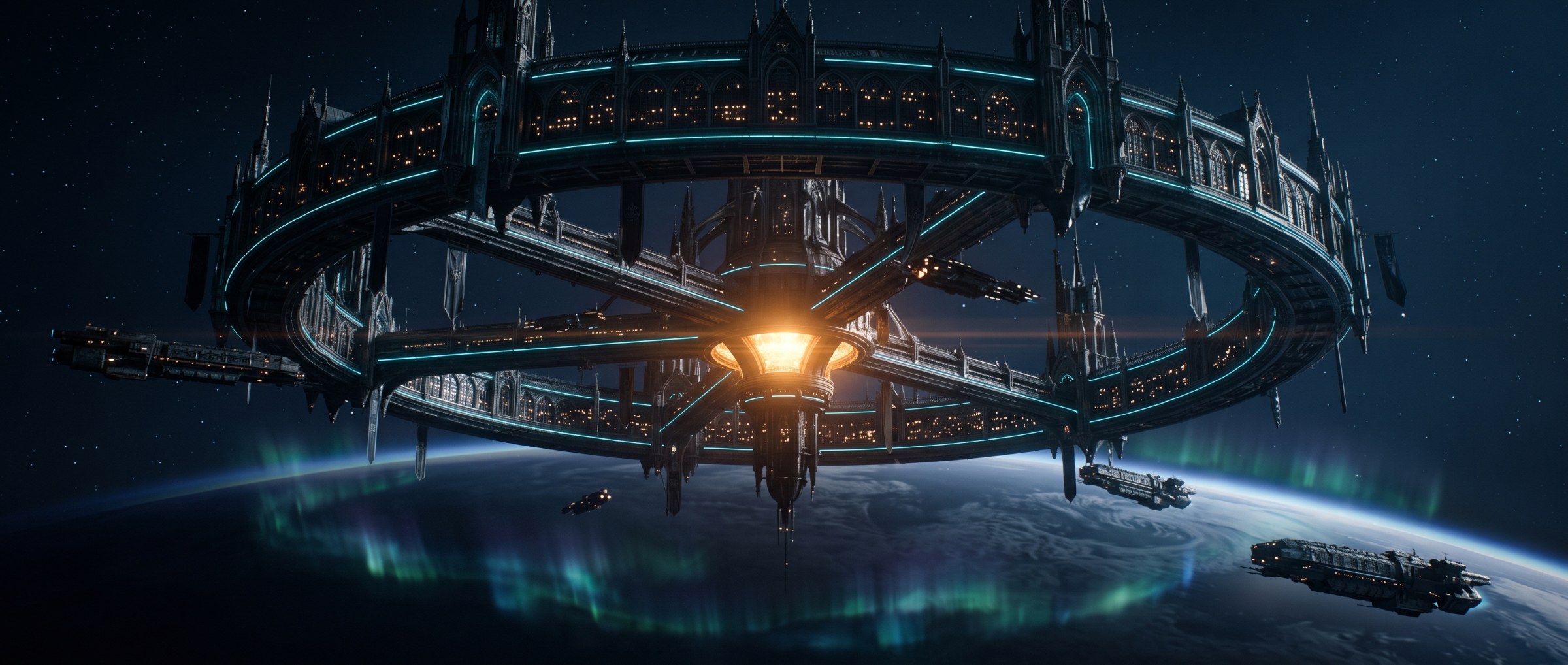 Illustration: a vast orbital city, a ring-and-spoke space station above a planet's night side with warm windows and a single orange-gold glow at its hub