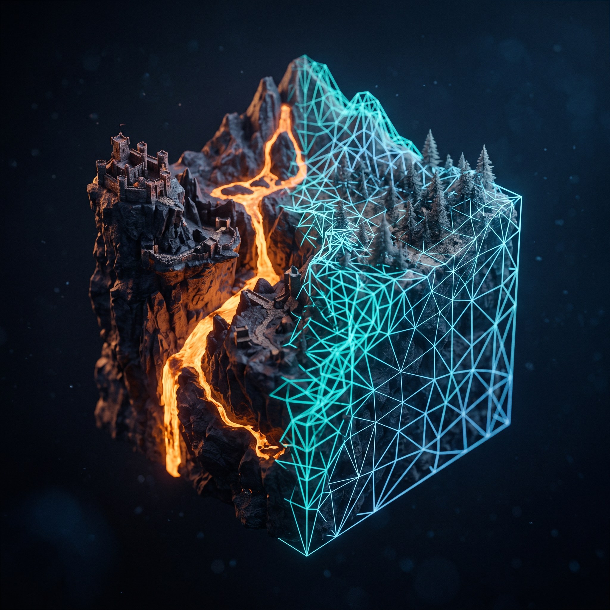 Illustration: a floating cube of terrain half finished as a volcanic kingdom, half still grey wireframe resolving into rock and forest