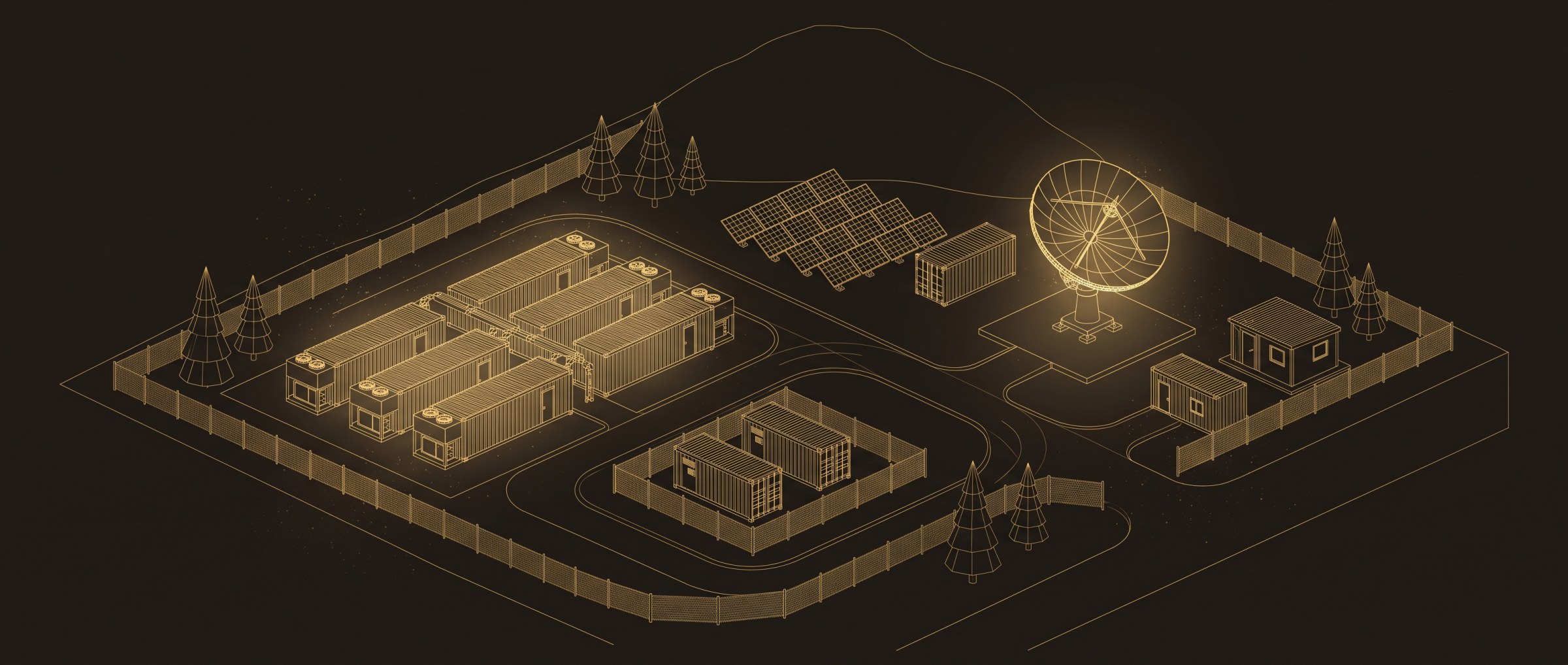 Illustration: an off-grid infrastructure campus drawn in fine gold wireframe, data-hall modules, a power pad, a solar field and a satellite gateway dish