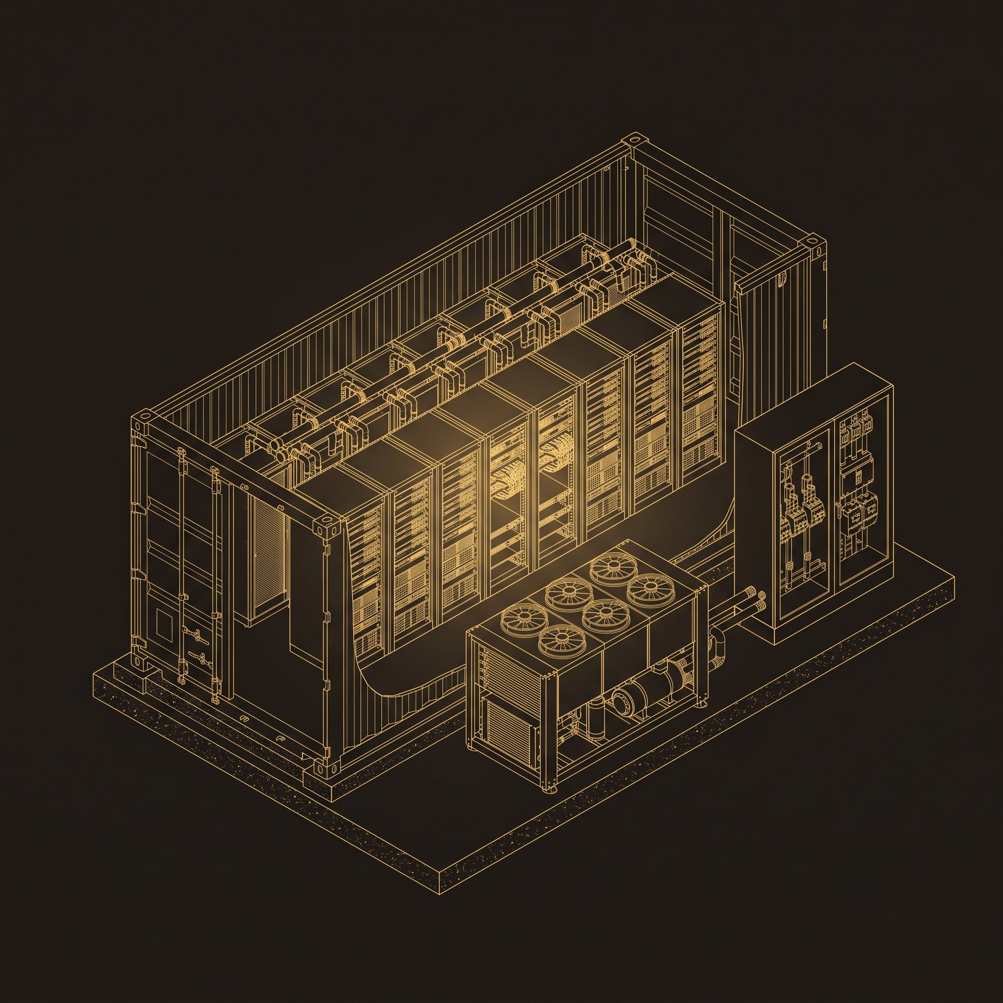 Illustration: a containerized micro data center in gold wireframe, its long side open to show ten server racks