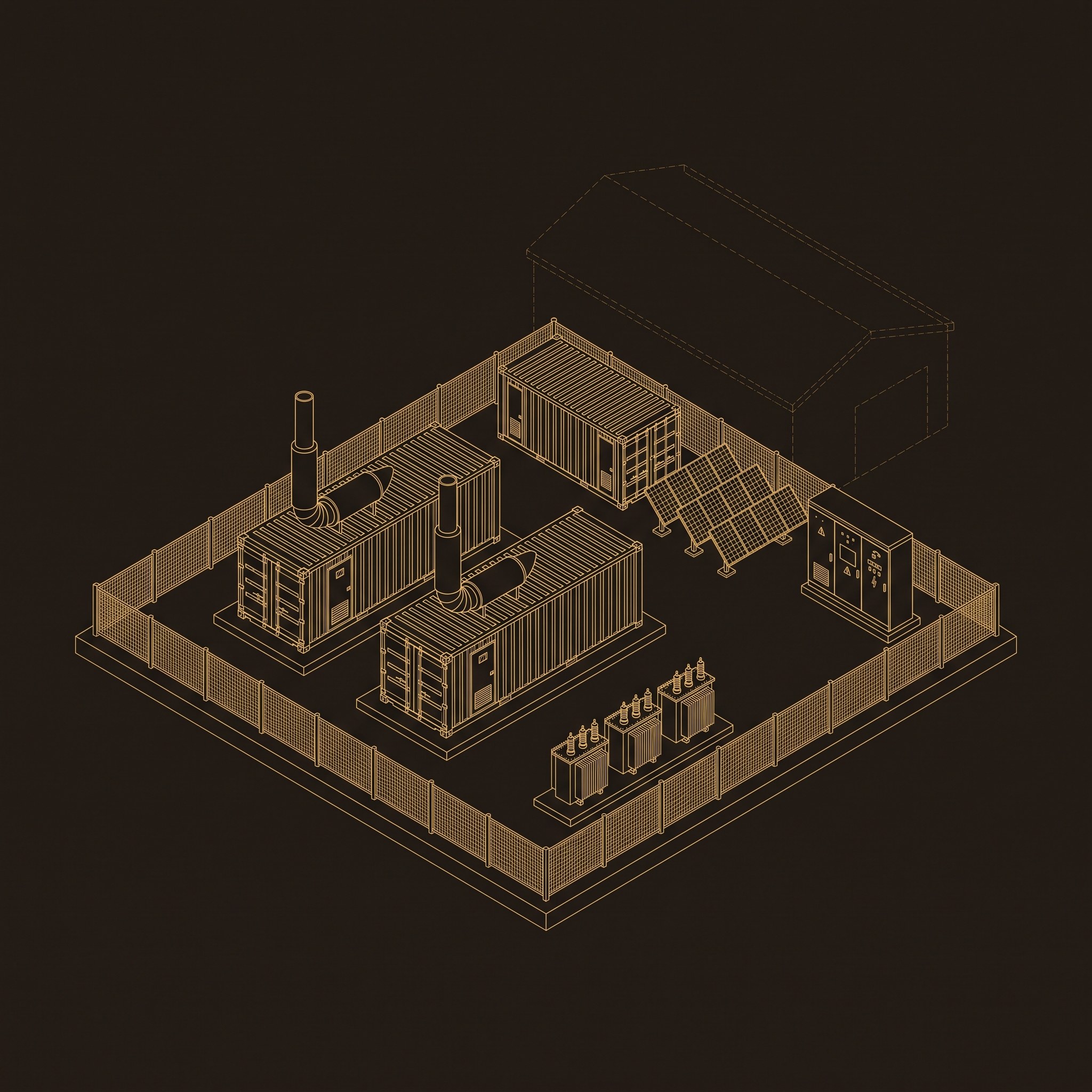 Illustration: an off-grid power pad in gold wireframe, generator containers, solar panels, a battery container and switchgear