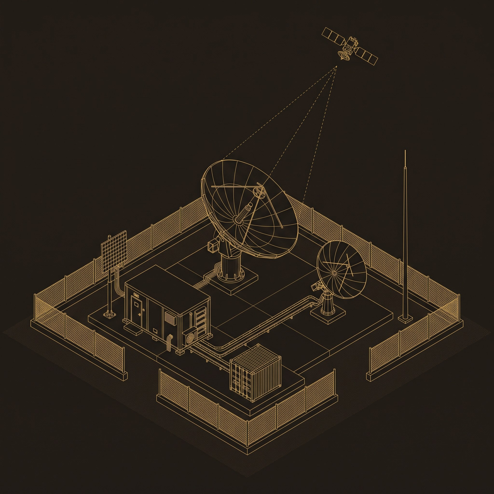 Illustration: a satellite gateway pad in gold wireframe, a large dish, a flat-panel array and an equipment shelter