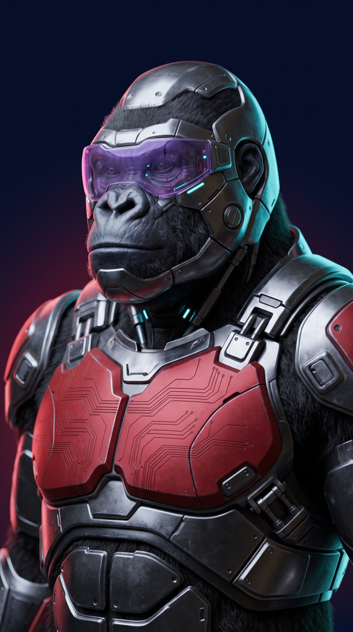 Illustration: a cybernetic gorilla in chrome and gunmetal armor with a crimson chest plate and a tinted visor, facing left on navy
