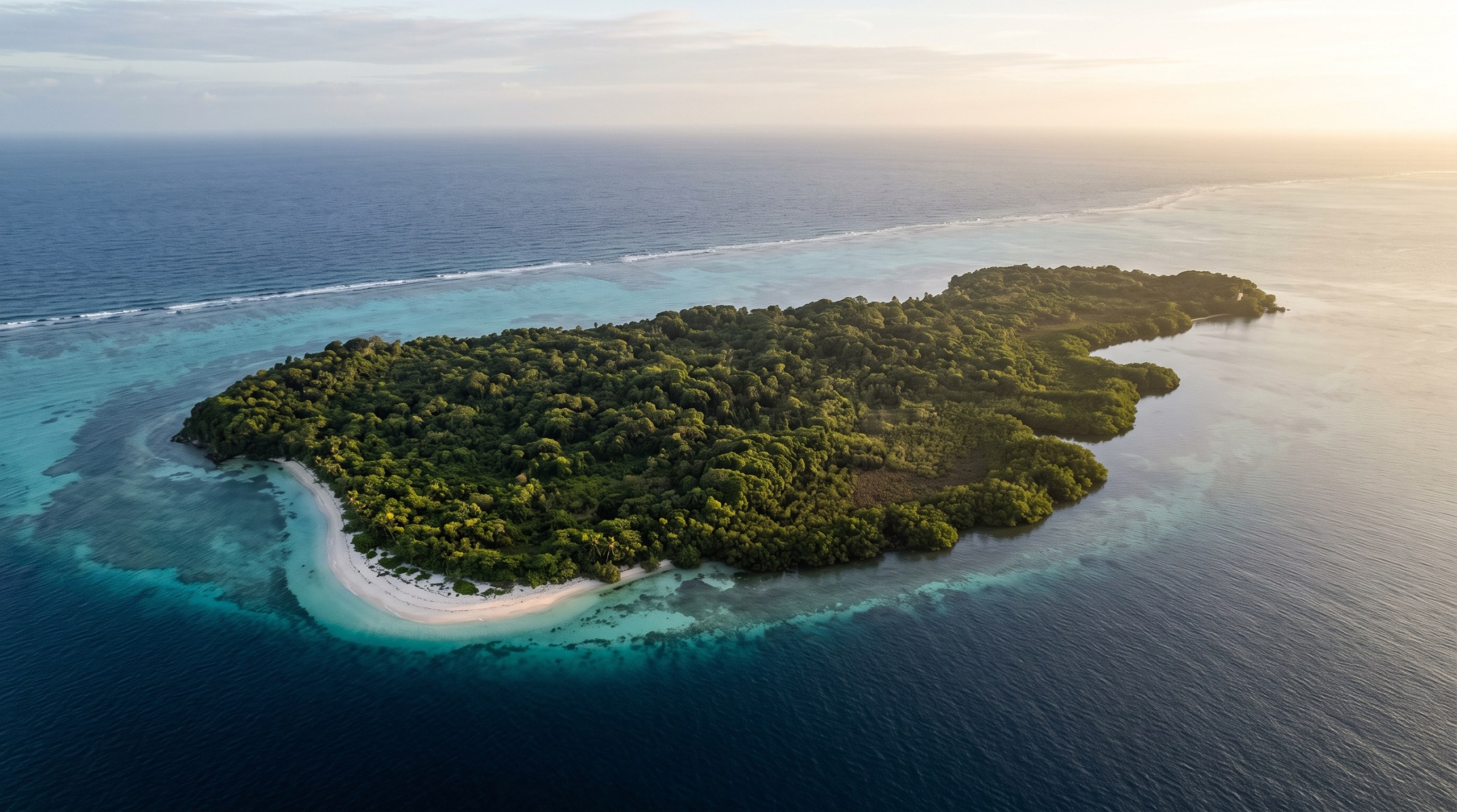 Illustration, not the property: an aerial view of an undeveloped tropical island at dawn with a white beach and reef