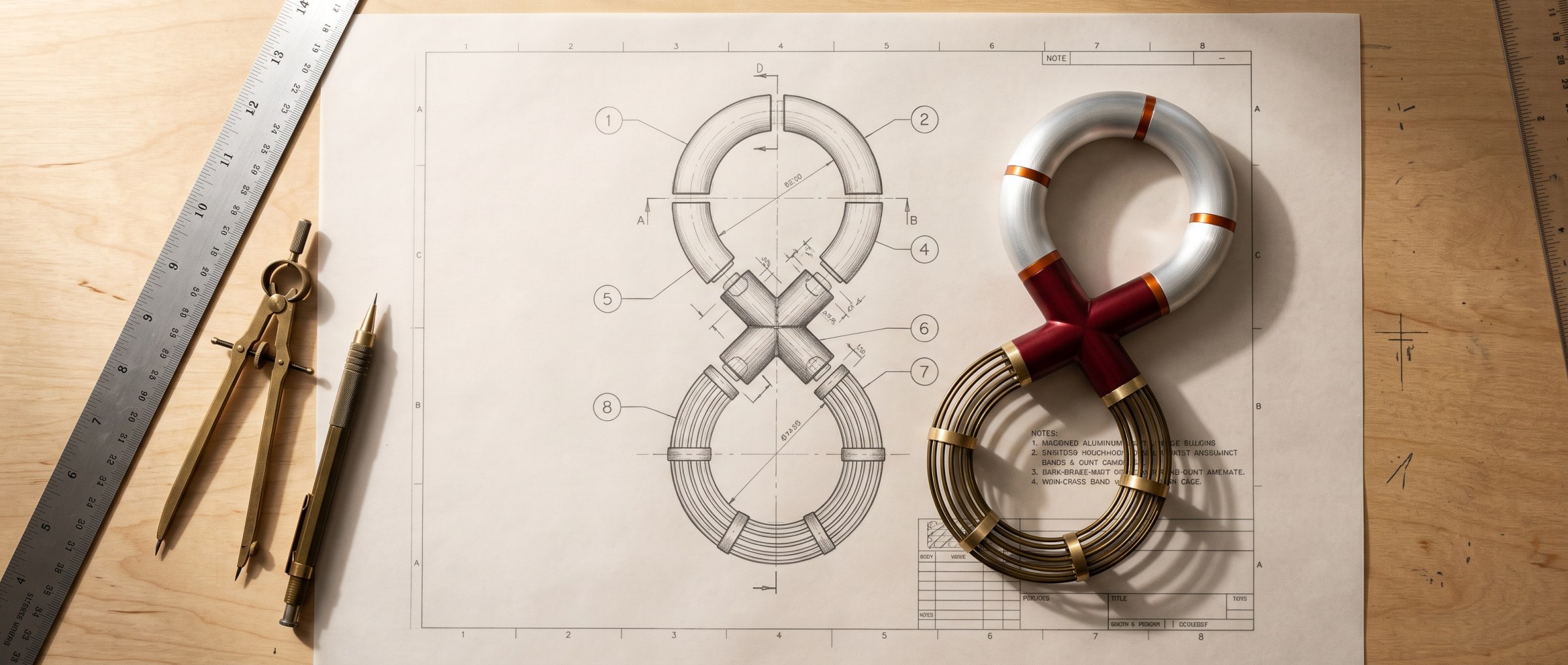 The machined Eight Galaxies mark on the drafting table beside its own exploded drawing   